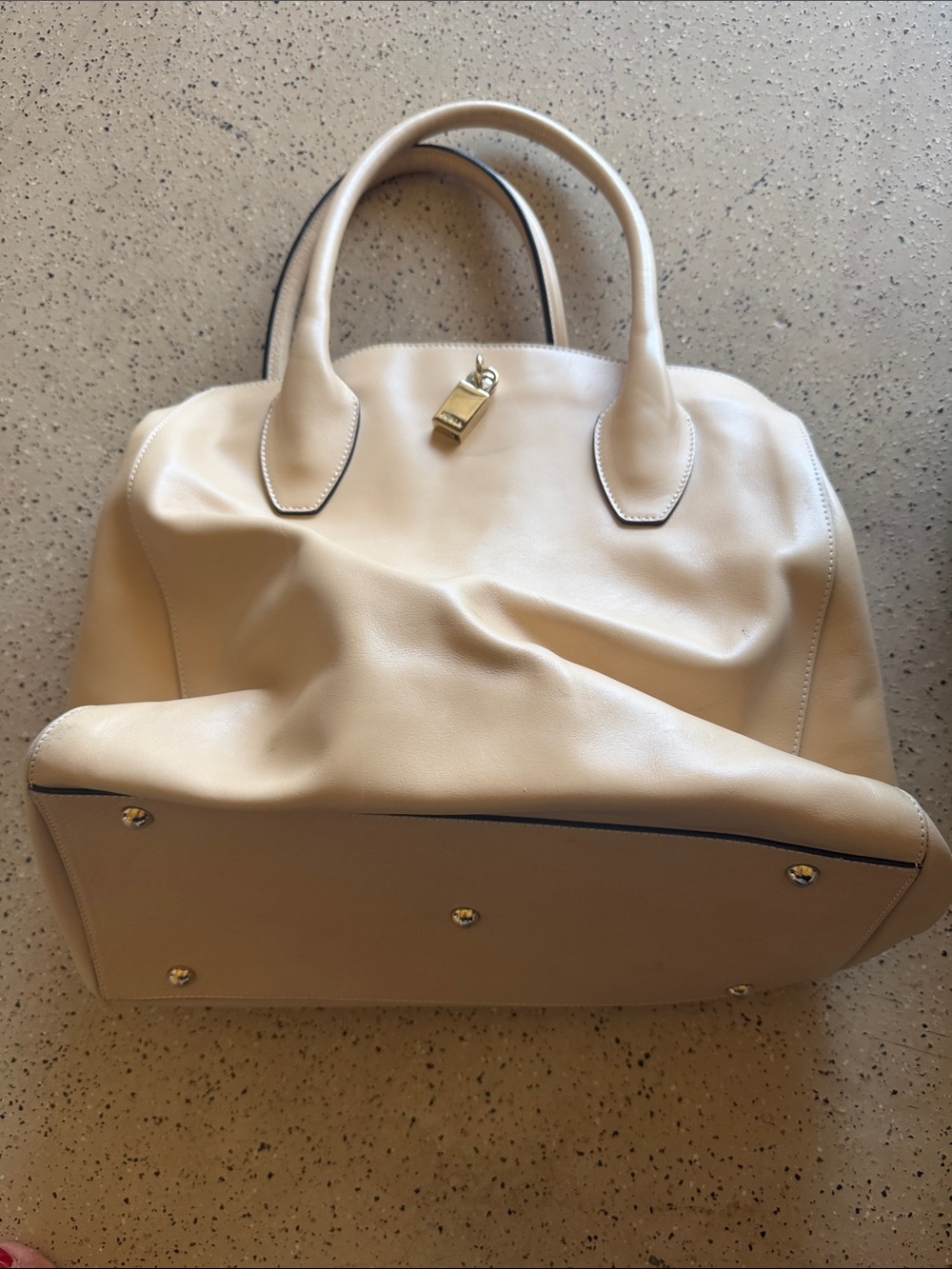 Furla Cream Leather Double-Handle Tote with Gold Padlock